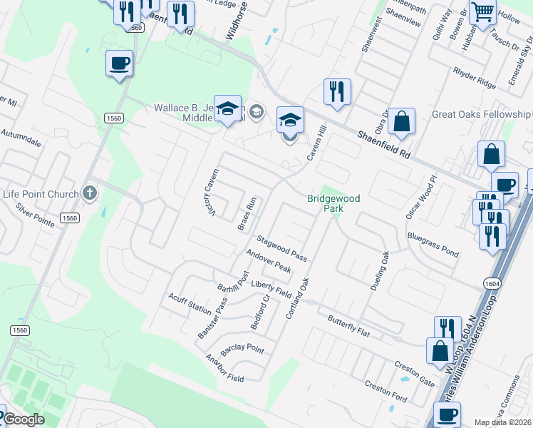 map of restaurants, bars, coffee shops, grocery stores, and more near 8127 Thicket Pass in San Antonio