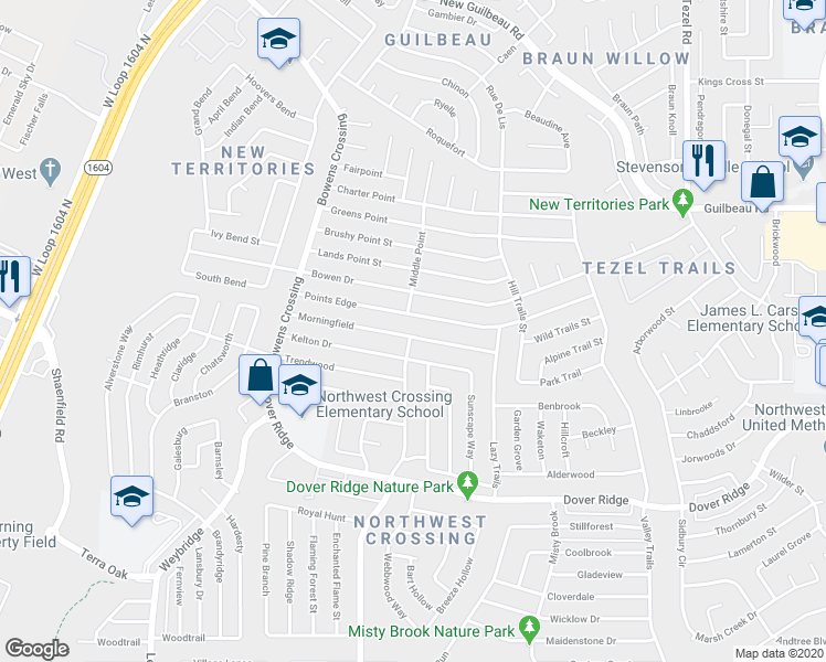 map of restaurants, bars, coffee shops, grocery stores, and more near 9767 Morningfield in San Antonio