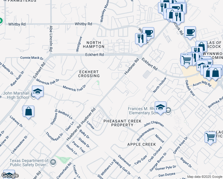 map of restaurants, bars, coffee shops, grocery stores, and more near 8100 Huebner Road in San Antonio