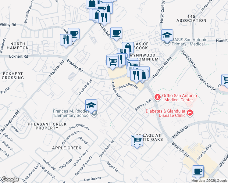 map of restaurants, bars, coffee shops, grocery stores, and more near 8050 Oakdell Way in San Antonio