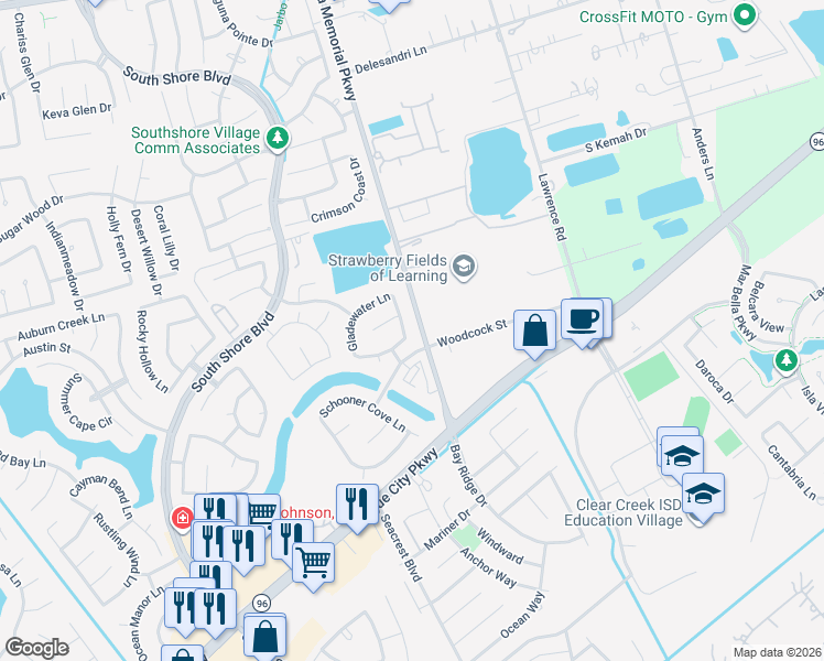 map of restaurants, bars, coffee shops, grocery stores, and more near 874 Rock Harbor Lane in League City
