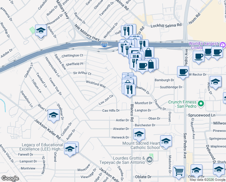 map of restaurants, bars, coffee shops, grocery stores, and more near 302 Lochaven Lane in San Antonio