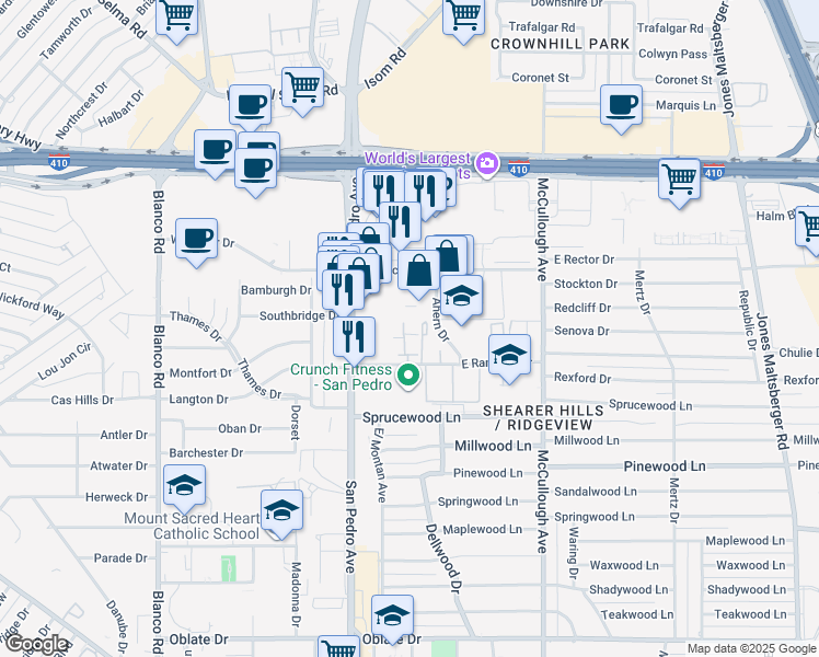 map of restaurants, bars, coffee shops, grocery stores, and more near 165 West Rampart Drive in San Antonio