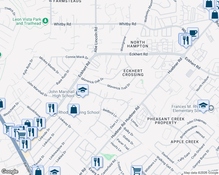 map of restaurants, bars, coffee shops, grocery stores, and more near 6461 Maverick Trail Drive in San Antonio