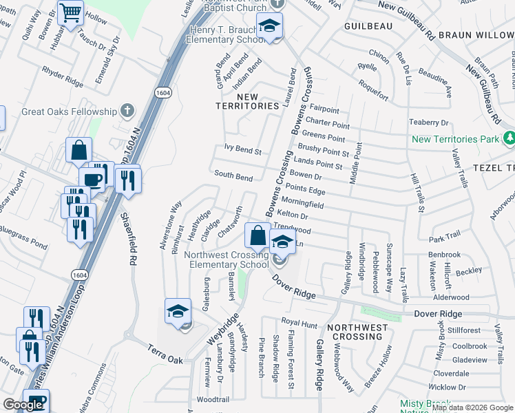 map of restaurants, bars, coffee shops, grocery stores, and more near 7722 Branston in San Antonio