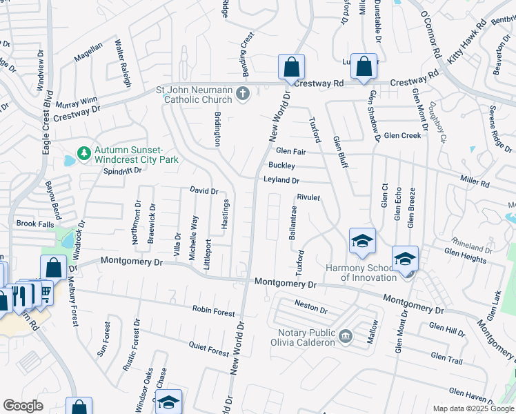 map of restaurants, bars, coffee shops, grocery stores, and more near 8330 New World Drive in San Antonio
