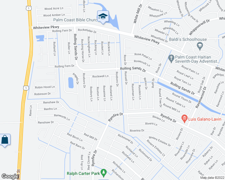 map of restaurants, bars, coffee shops, grocery stores, and more near 15 Roxland Lane in Palm Coast