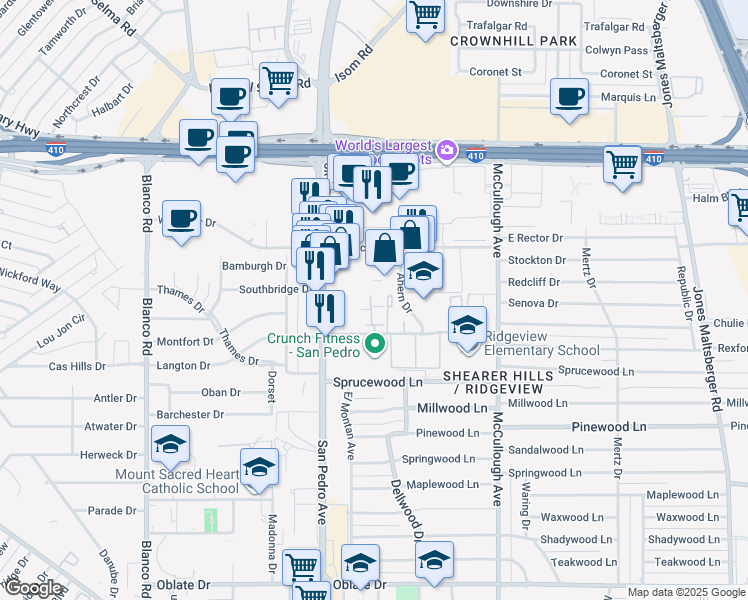 map of restaurants, bars, coffee shops, grocery stores, and more near 165 West Rampart Drive in San Antonio