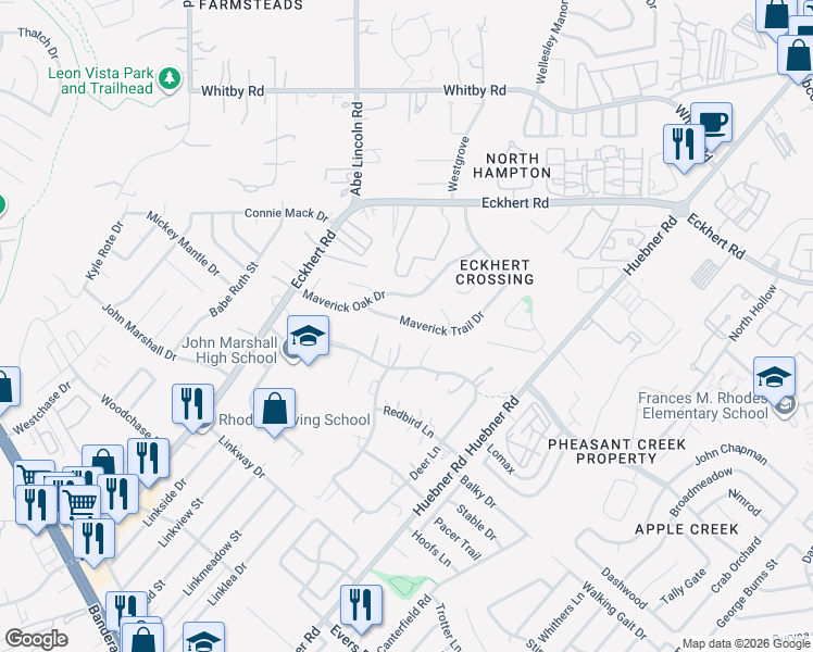 map of restaurants, bars, coffee shops, grocery stores, and more near 6461 Maverick Trail Drive in San Antonio