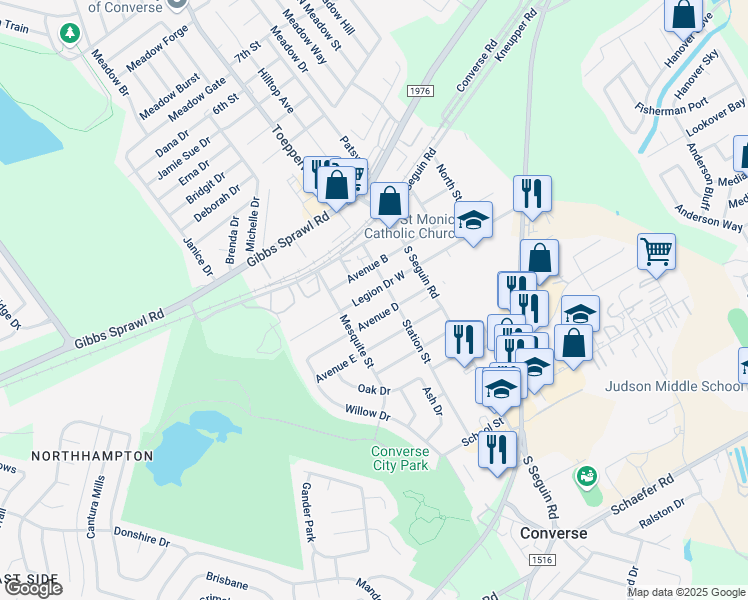 map of restaurants, bars, coffee shops, grocery stores, and more near 203 Legion Drive West in Converse