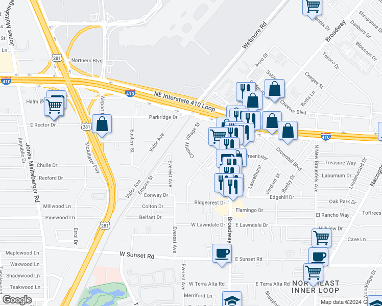 map of restaurants, bars, coffee shops, grocery stores, and more near 8440 Country Village Street in San Antonio