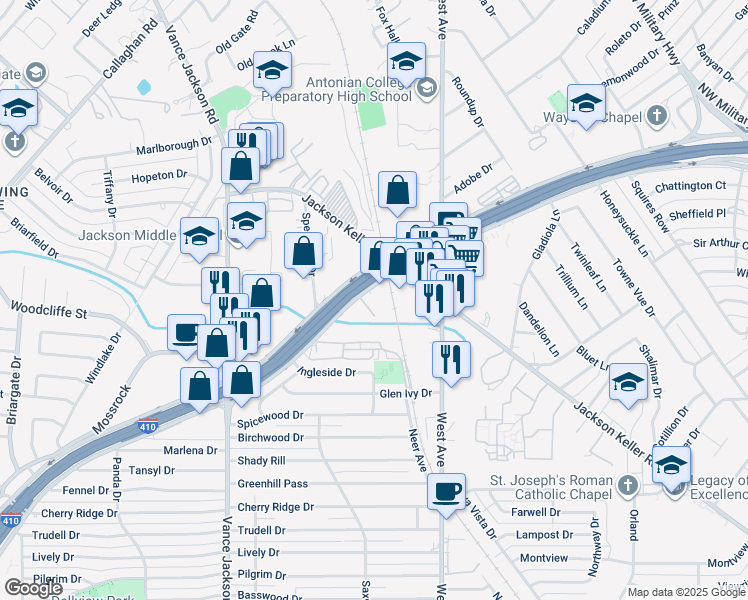 map of restaurants, bars, coffee shops, grocery stores, and more near 2202 I- 410 Access Road in San Antonio