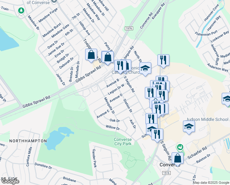 map of restaurants, bars, coffee shops, grocery stores, and more near 203 Legion Drive West in Converse