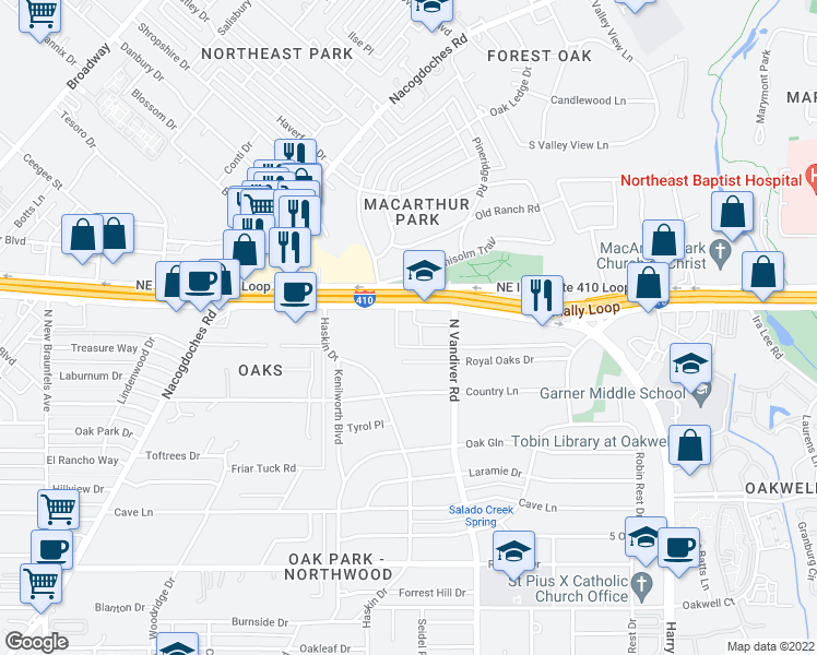 map of restaurants, bars, coffee shops, grocery stores, and more near 1422 I- 410 Access Road in San Antonio