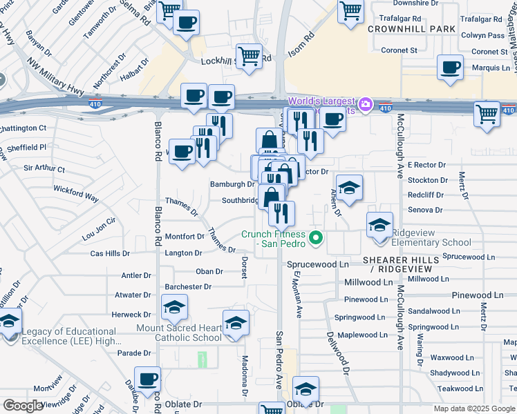 map of restaurants, bars, coffee shops, grocery stores, and more near 117 Southbridge Drive in San Antonio