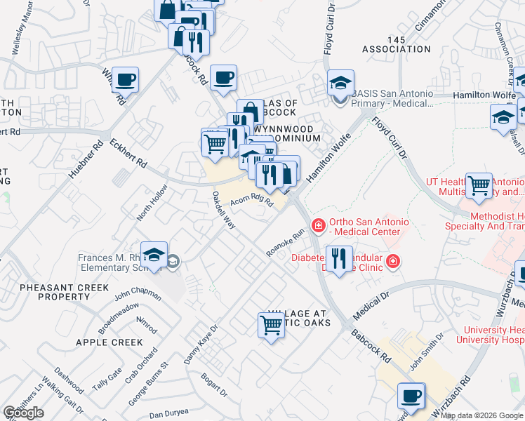 map of restaurants, bars, coffee shops, grocery stores, and more near 5437 Acorn Ridge Road in San Antonio