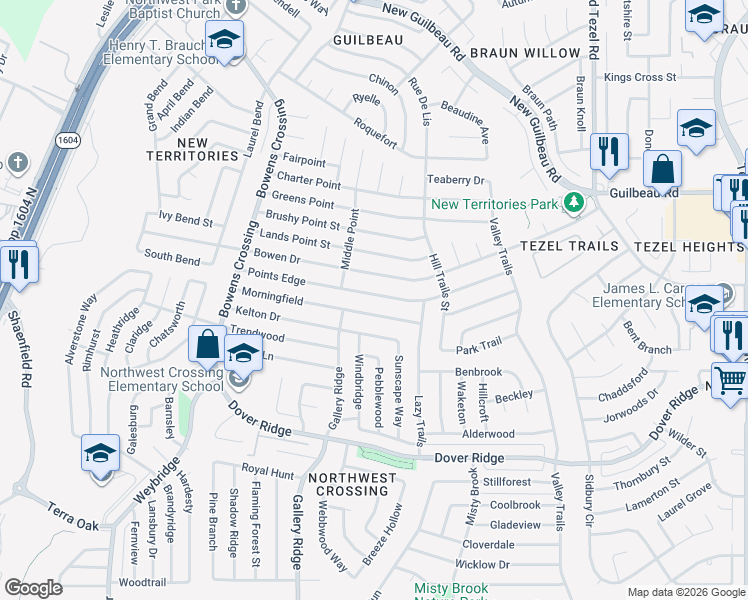 map of restaurants, bars, coffee shops, grocery stores, and more near 9331 Points Edge in San Antonio
