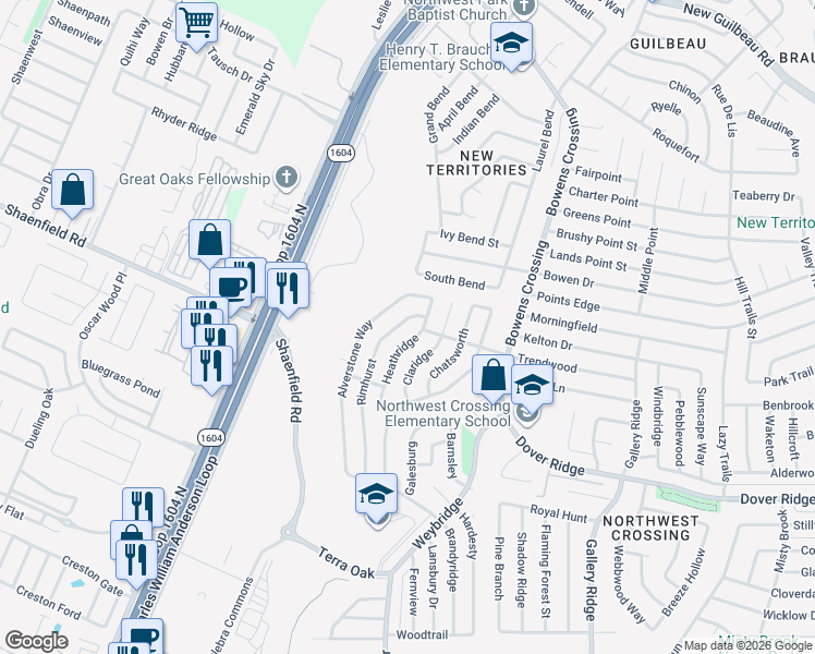 map of restaurants, bars, coffee shops, grocery stores, and more near 7726 Alverstone Way in San Antonio