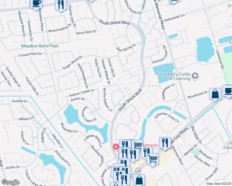 map of restaurants, bars, coffee shops, grocery stores, and more near 2975 Windy Briar Lane in League City