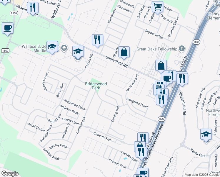map of restaurants, bars, coffee shops, grocery stores, and more near 10658 Cavelier Point in San Antonio