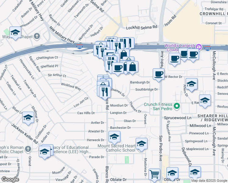 map of restaurants, bars, coffee shops, grocery stores, and more near 6414 Blanco Road in San Antonio