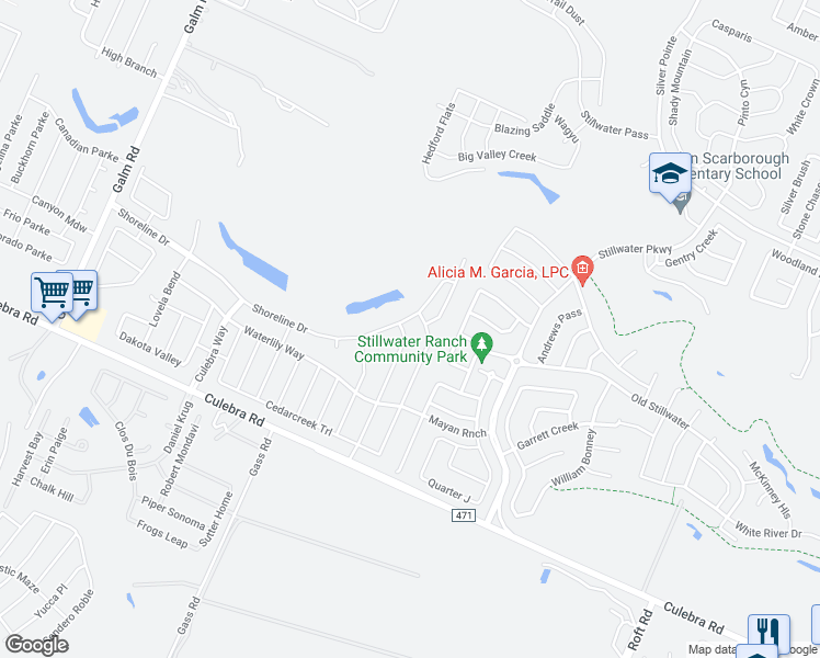 map of restaurants, bars, coffee shops, grocery stores, and more near 8034 Bluewater Cove in San Antonio