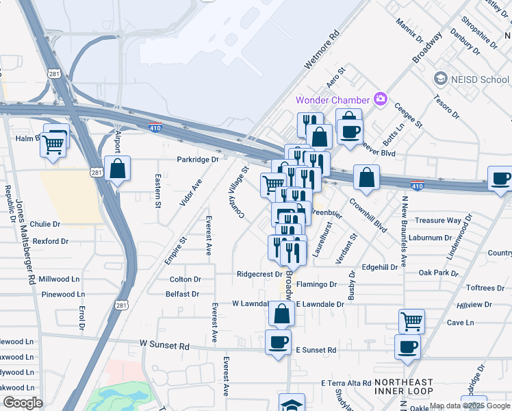 map of restaurants, bars, coffee shops, grocery stores, and more near 8440 Country Village Street in San Antonio