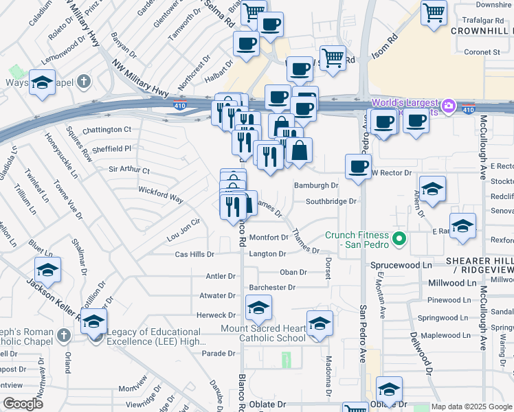 map of restaurants, bars, coffee shops, grocery stores, and more near 6414 Blanco Road in San Antonio