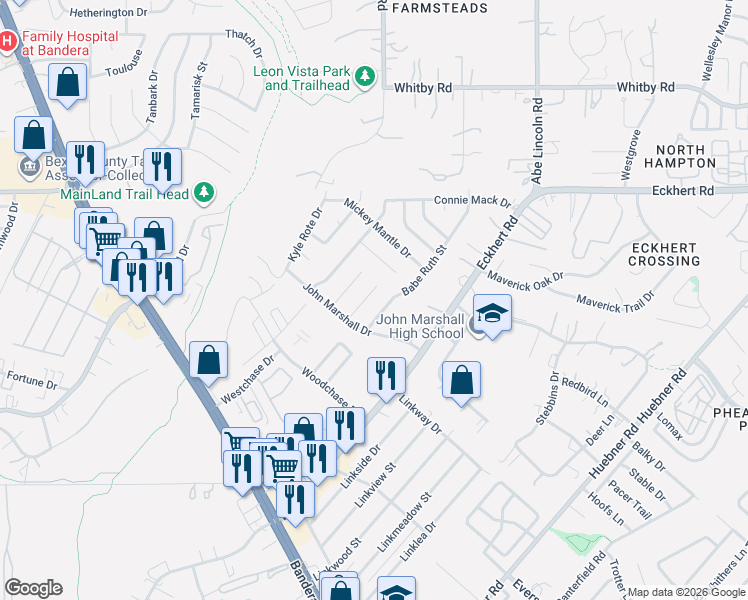 map of restaurants, bars, coffee shops, grocery stores, and more near 8223 Budge Street in San Antonio
