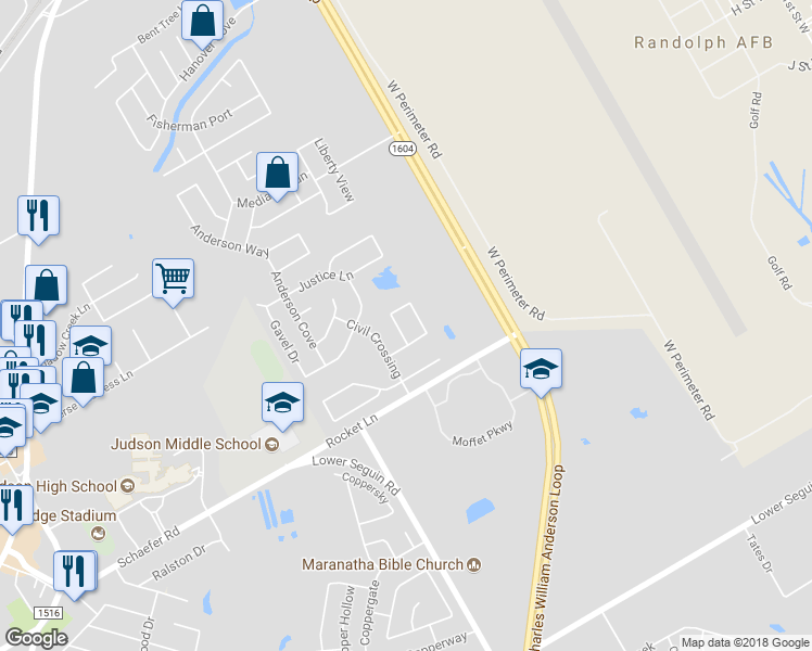 map of restaurants, bars, coffee shops, grocery stores, and more near 8714 Mediator Path in Converse