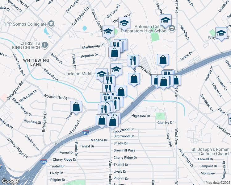 map of restaurants, bars, coffee shops, grocery stores, and more near 95774 Vance Jackson Road in San Antonio