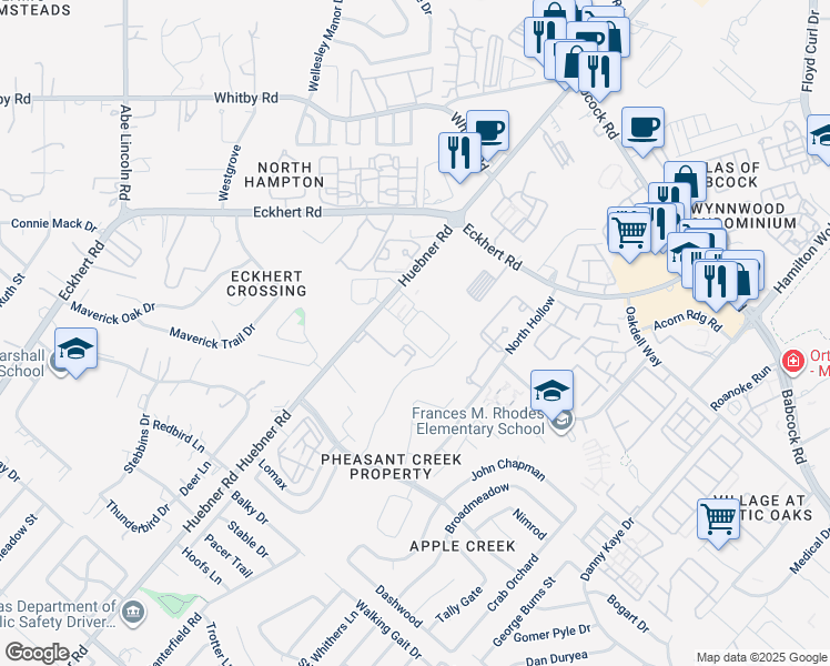 map of restaurants, bars, coffee shops, grocery stores, and more near 8306 Huebner Road in San Antonio