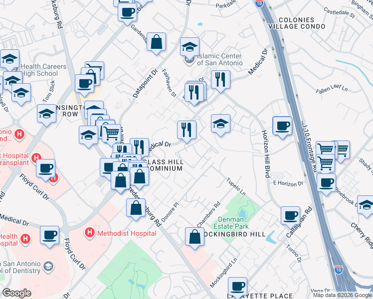 map of restaurants, bars, coffee shops, grocery stores, and more near 4114 Medical Drive in San Antonio