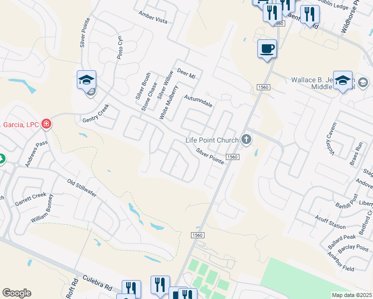 map of restaurants, bars, coffee shops, grocery stores, and more near 11743 Silver Prairie in San Antonio