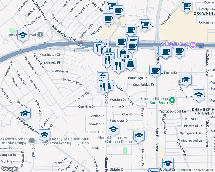 map of restaurants, bars, coffee shops, grocery stores, and more near 6414 Blanco Road in San Antonio