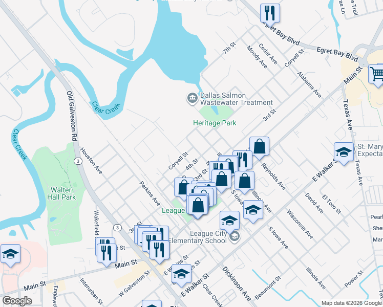 map of restaurants, bars, coffee shops, grocery stores, and more near 811 Coryell Street in League City