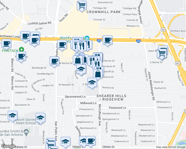 map of restaurants, bars, coffee shops, grocery stores, and more near 8507 McCullough Avenue in San Antonio