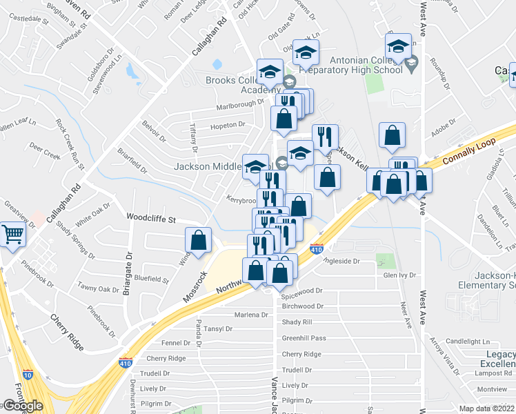 map of restaurants, bars, coffee shops, grocery stores, and more near 2622 Kerrybrook Court in San Antonio