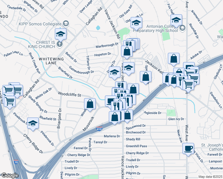 map of restaurants, bars, coffee shops, grocery stores, and more near 2622 Kerrybrook Court in San Antonio