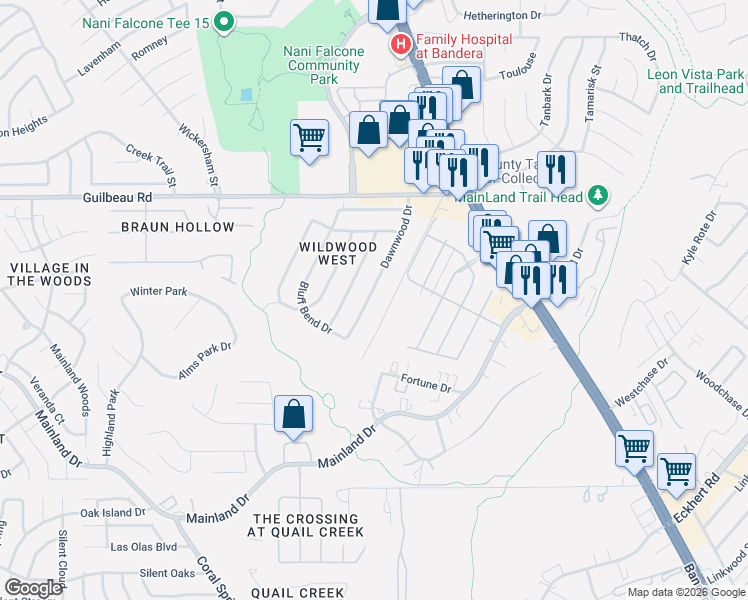 map of restaurants, bars, coffee shops, grocery stores, and more near 8323 Dawnwood Drive in San Antonio