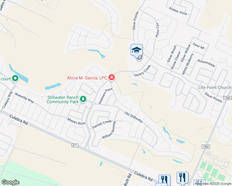 map of restaurants, bars, coffee shops, grocery stores, and more near 12407 Stillwater Creek in San Antonio