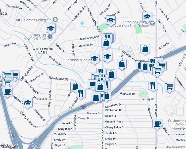 map of restaurants, bars, coffee shops, grocery stores, and more near 2622 Kerrybrook Court in San Antonio