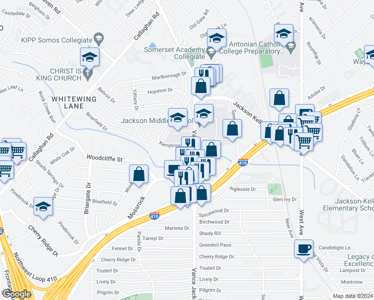 map of restaurants, bars, coffee shops, grocery stores, and more near 2622 Kerrybrook Court in San Antonio