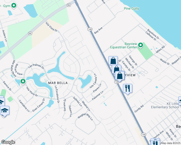map of restaurants, bars, coffee shops, grocery stores, and more near 5001 Isla Canela Lane in League City