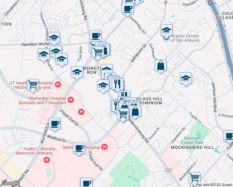 map of restaurants, bars, coffee shops, grocery stores, and more near 8124 Fredericksburg Road in San Antonio
