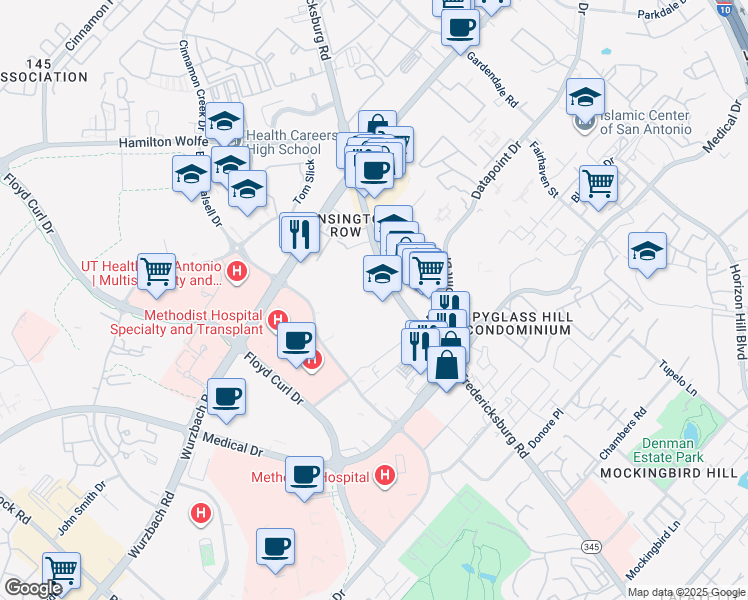 map of restaurants, bars, coffee shops, grocery stores, and more near 8221 Fredericksburg Road in San Antonio