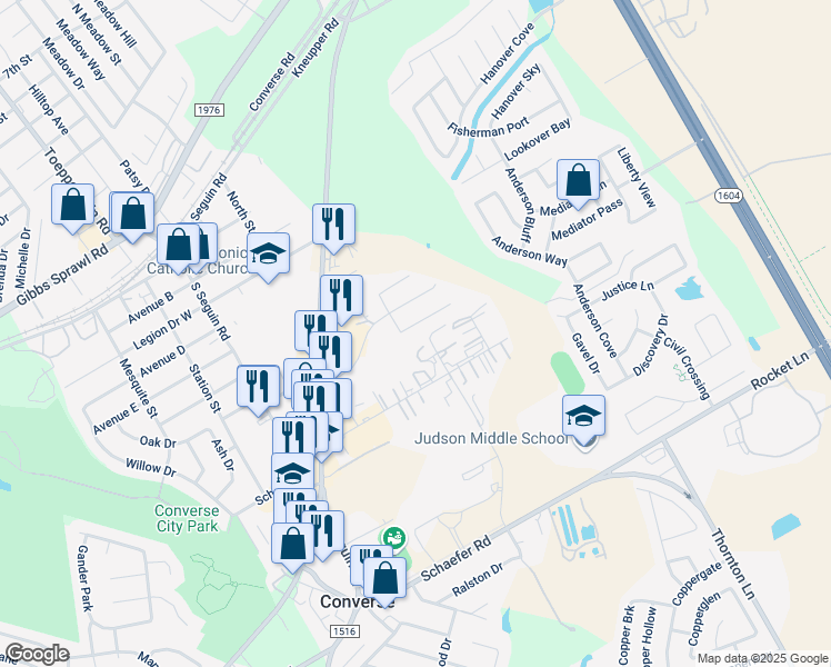 map of restaurants, bars, coffee shops, grocery stores, and more near 9214 Shadow Lawn Circle in Converse