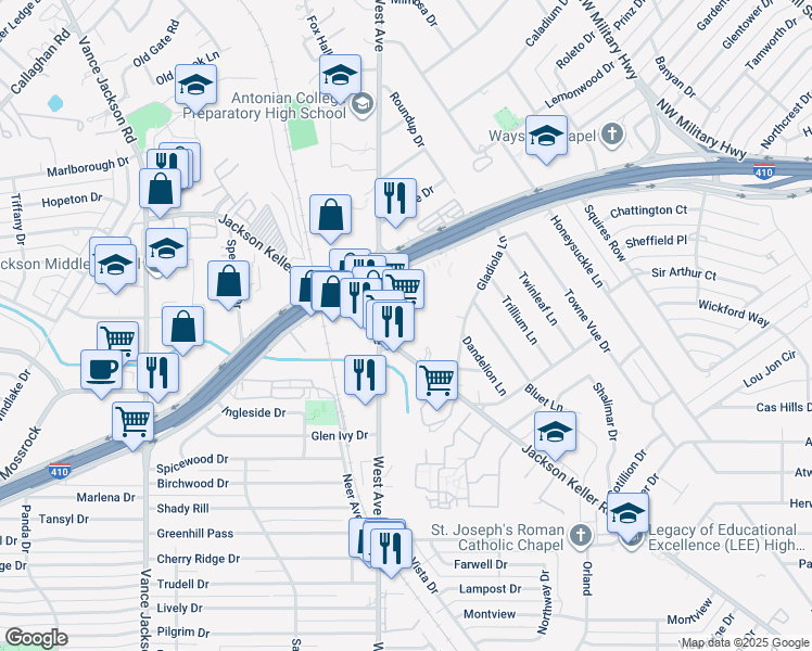 map of restaurants, bars, coffee shops, grocery stores, and more near 9542 West Avenue in San Antonio