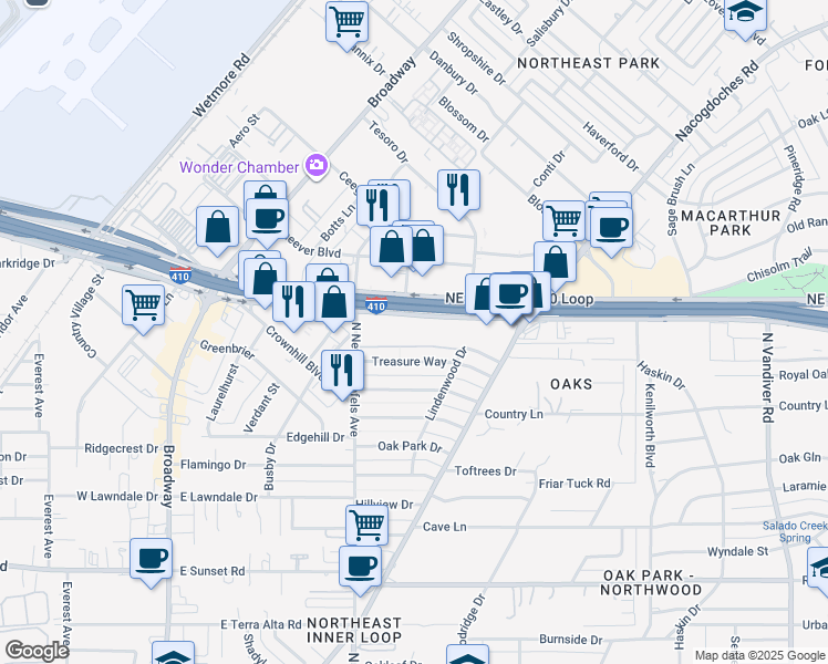 map of restaurants, bars, coffee shops, grocery stores, and more near 1020 Northeast Interstate 410 Loop in San Antonio