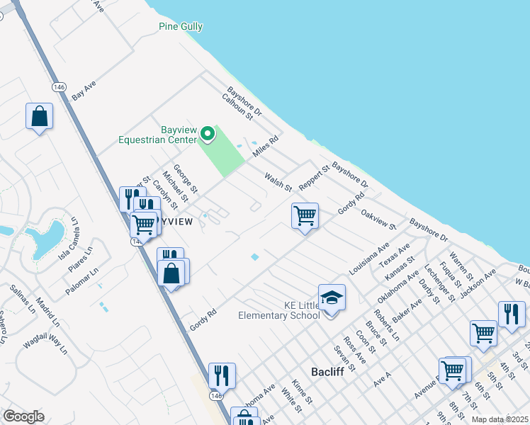 map of restaurants, bars, coffee shops, grocery stores, and more near 3330 Alsworth Street in Bacliff
